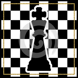 Chessboard with a chess piece King and a gold frame. Traditional