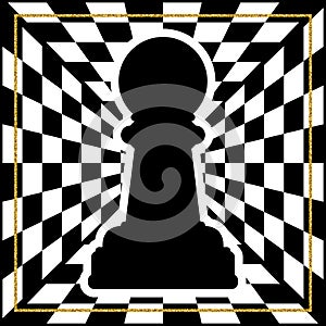 Chessboard with a chess piece Pawn and a gold frame.