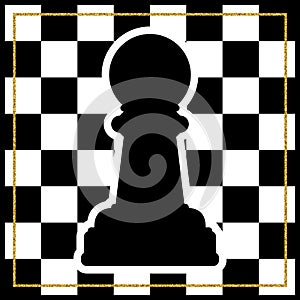 Chessboard with a chess piece Pawn and a gold frame. Traditional