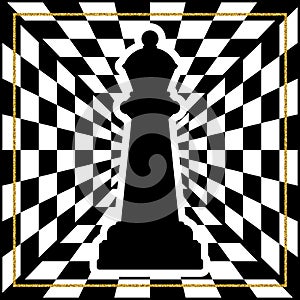 Chessboard with a chess piece Queen and a gold frame.