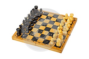 Chessboard with chess pieces isolated on a white background.