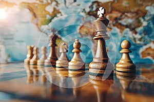 Chess Pieces Positioned on World Map, Global Tactics and Geopolitics photo
