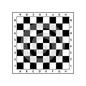 Chessboard for game. Table of chess board. Pattern of chess. Black-white checkerboard texture. Chessboard with letters and numbers