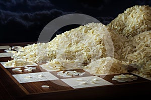 Chessboard with growing heaps of rice grains, concept of exponen