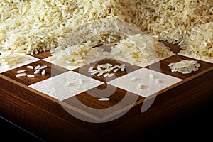 Chessboard with growing heaps of rice grains, legend about the e