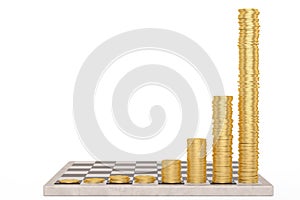 Chessboard with growing height coins stacks exponential growth and compound interest concept 3D illustration