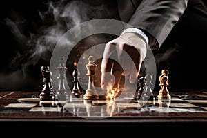 a chessboard with a hand making a fiery move