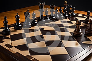 Chessboard Mid-Game: Pieces Positioned Strategically for a Tense Standoff with Subtle Hues of Ebony and Ivory