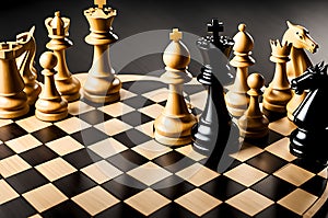 Chessboard Mid-Game: Pieces Positioned Strategically for a Tense Standoff with Subtle Hues of Ebony and Ivory