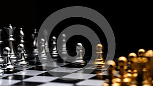 Chessboard perspective, silver versus golden pieces