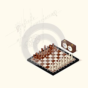 Chessboard with plased figures and next standing chess clock