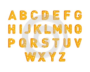 Chesse alphabet in 3D. Font from cheese, food in the form of letters. Cheese letters collection. Symbols isolated on white. Yellow