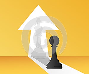 Chessman is changed to the shadow of the chess king symbol. Business metaphor vector illustration