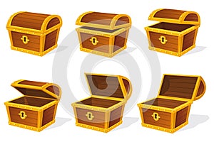 Chest animation. Empty treasure box, open and closed medieval ancient wooden cartoon chests, game old pirate treasures