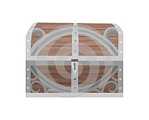 Chest box. Ancient treasure box or pirate closed wooden container. Vector cartoon icon coffer isolated on white
