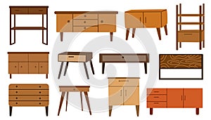 Chest of drawers, bedside table set. Furniture for home, living room and bedroom. Interior Dressers and cabinets.