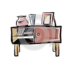 Chest of drawers. Curbstone. Shelf. A little table.Vector picture drawn by hand from a set about home life and comfort. There are