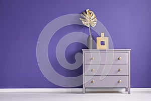 Chest of drawers with golden knobs, vases and leaf set on a purple, empty wall. Place your product