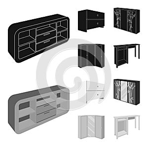Chest of drawers, wardrobe with mirror, corner cabinet, white chest. Bedroom furniture set collection icons in black
