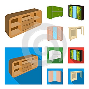 Chest of drawers, wardrobe with mirror, corner cabinet, white chest. Bedroom furniture set collection icons in cartoon