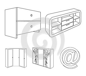Chest of drawers, wardrobe with mirror, corner cabinet, white chest. Bedroom furniture set collection icons in outline