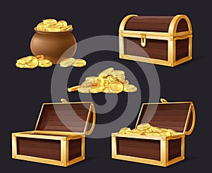 Chest with golden coins. Chest, bag and stack with gold, closed and opened empty chests for games applications cartoon