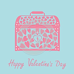 Chest with hearts. Happy Valentines Day card. Blue and pink.