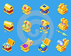 Chest icon isometric vector treasure box with gold money wealth or wooden pirate chests with golden coins and ancient