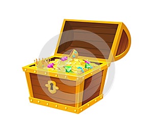 Chest with jewels. Treasures Scene with metal item stack for buy, vector illustration