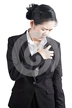 Chest pain or asthma in a woman isolated on white background. Clipping path on white background.