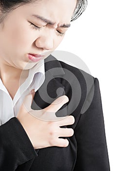 Chest pain or asthma in a woman isolated on white background. Clipping path on white background.