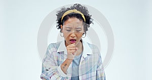 Chest pain, coughing and sick woman face in studio with anxiety, problem and virus or flu on white background. Cough