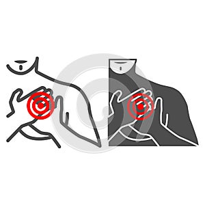 Chest pain in the region of heart line and solid icon, body pain concept, heart attack vector sign on white background