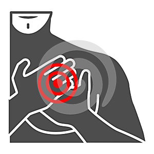 Chest pain in the region of heart solid icon, body pain concept, heart attack vector sign on white background, glyph