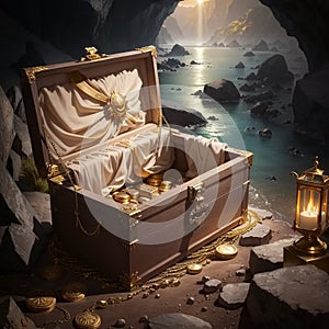 Chest with pirate treasures in cave. Generative AI