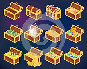 Chest vector treasure box with gold money wealth or wooden pirate chests with golden coins and ancient jewels