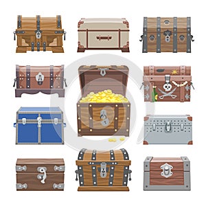 Chest vector treasure box with gold money wealth or wooden pirate chests with golden coins illustration set of closed