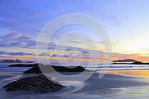 Tofino, Vancouver Island, Beautiful Winter Sunset at Peaceful Chesterman Beach, British Columbia, Canada