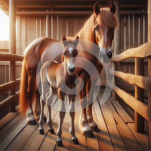 Chestnut brown mother and foal stand in an outdoor corral