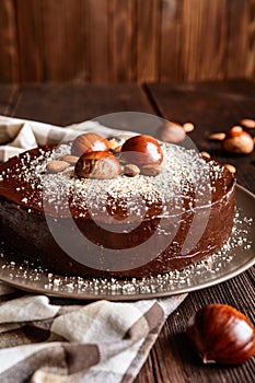 Chestnut cake with almonds and chocolate