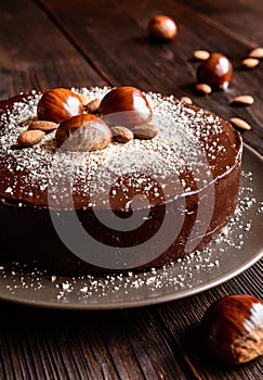 Chestnut cake with almonds and chocolate