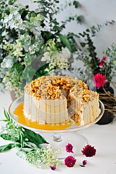 Chestnut cake with caramel on top