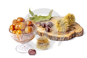 Chestnut dessert and chestnuts on a plate. Traditional delicious Turkish dessert chestnut candies (Kestane Sekeri