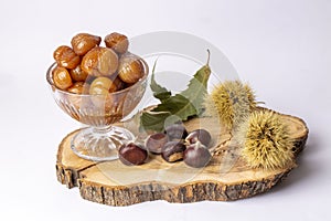 Chestnut dessert and chestnuts on a plate. Traditional delicious Turkish dessert chestnut candies (Kestane Sekeri