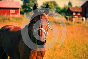 Chestnut horse portrait in the warmth of summer