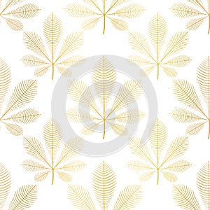 Chestnut leaves gold foil seamless vector pattern. Repeating nature autumn leaf background with faux metallic golden fall plants