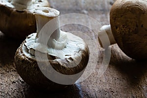 Chestnut mushrooms on rough wood background with copyspace