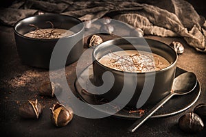 Chestnut soup with parmesan  chilli flakes and threads in a black bowl on dark brown background