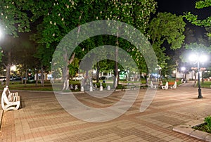 Chestnut square in the center of the night city of Pomorie in Bulgaria