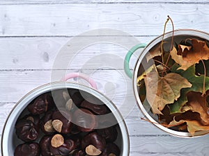 Chestnuts and autumn leaves in pots on a bright wooden background